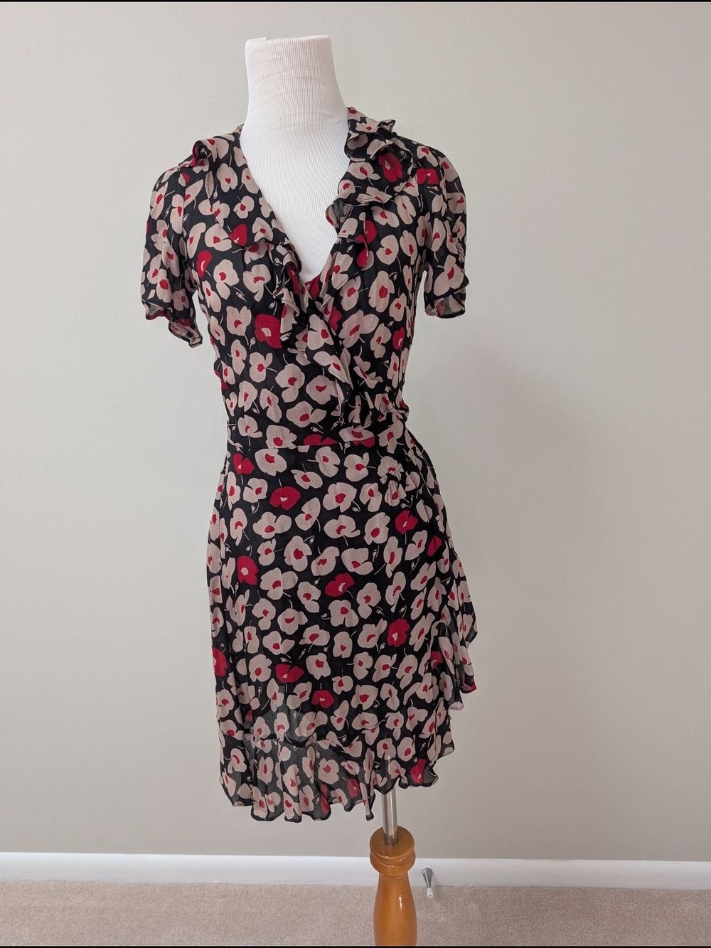 Bailey 44 Black Wrap Mini Dress with Red & Cream Floral Print